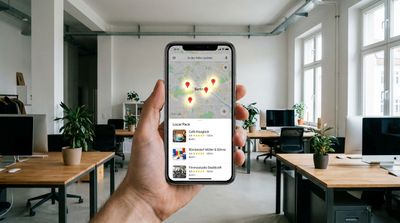 Ein Smartphone Screen zeigt Google Maps Suchergebnisse an. Drei Firmen sind hervorgehoben (Local Pack). Pins auf der Karte leuchten. Fokus auf Lokalisierung. style: editorial photography, modern office context, minimal design, authentic lighting, 4k