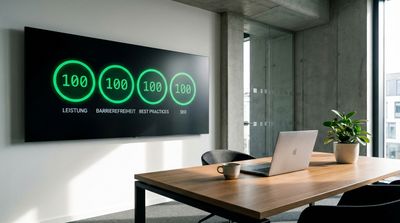 Vier grüne Kreise in einem modernen Dashboard. In der Mitte jeweils 100. Text labels auf Deutsch: Leistung, Barrierefreiheit, Best Practices, SEO. Zeigt technische Perfektion. style: editorial photography, modern office context, minimal design, authentic lighting, 4k